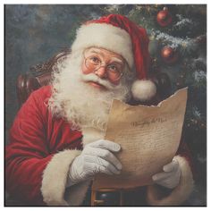 a painting of santa claus holding a piece of paper