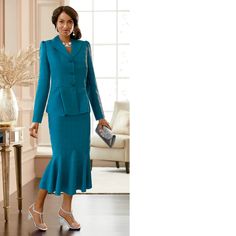 Tayrn Jacquard Skirt Suit Product Details Pleated peplum-waist jacket with fabric-covered buttons. Skirt has side back elastic, back zipper and vent; 30" l. Lined. Polyester; dry clean. Imported. Available in Teal Elegant Formal Jacquard Sets, Formal Fitted Jacquard Sets, Fitted Jacquard Long Sleeve Sets, Elegant Jacquard Sets For Wedding, Elegant Jacquard Long Sleeve Sets, Elegant Long Sleeve Jacquard Sets, Fitted Jacquard Sets For Wedding, Elegant Fall Wedding Skirt Suit, Elegant Fitted Skirt Suit For Wedding