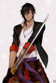 an anime character holding two swords in one hand and wearing a black jacket on the other