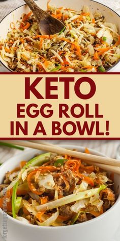 keto egg roll in a bowl with chopsticks and vegetables on the side