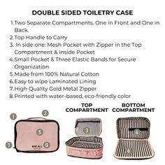 Need to get organized? No worries, we got you! Our Double Toiletry Case Blush Pink is designed to accommodate your every need! This case is perfect for home organizing or keeping tidy while traveling. The Double Sided Multi-use Organizing Case in Pink/Blush is designed for easy home organizing and travel organizing. This versatile case is the ideal size to fit your daily essentials and things you may need to organize. The high quality natural cotton makes this case perfect for long-lasting use. Pink Portable Storage Organizers, Portable Pink Organizers For Storage, Pink Functional Organizers For Daily Use, Portable Pink Cosmetic And Toiletry Storage For Travel, Pink Travel Organizers With Zipper Pouch, Pink Travel Organizer With Zipper Pouch, Pink Rectangular Travel Cosmetic Storage, Rectangular Zipper Pouch For Cosmetic And Toiletry Organization, Portable Rectangular Case For Cosmetic And Toiletry Storage