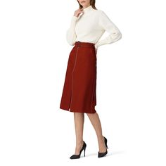 Orange wool (100% Virgin Wool). Skirt. Center bottom back zipper closure and belt. 26.5" from shoulder to hemline. Imported. Rent The Runway, Wool Skirt, Closet Designs, Wool Skirts, High Waisted Skirt, Zipper, Wool, Skirt, Orange