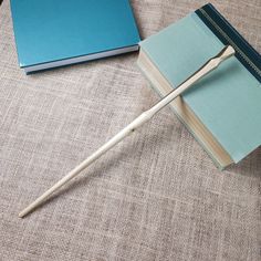 a blue book with a long wooden stick sticking out of it next to a notebook