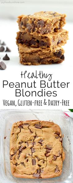 peanut butter blondies are stacked on top of each other with chocolate chips in the background