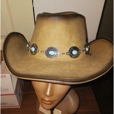 Tan Real Leather Cowboy Hat For Men Or Women With A Silver And Turquoise Stone Jewelry Hatband Vintage Blue Adjustable Hat Bands, Adjustable Turquoise Hat Bands For Country Events, Adjustable Turquoise Hat With Curved Brim, Western Blue Hat With Flat Crown, Western Hat With Flat Crown In Blue, Blue Western Hat With Flat Crown, Turquoise Western Fedora With Short Brim, Adjustable Blue Fedora For Western-themed Events, Southwestern Turquoise Hat For Ranch