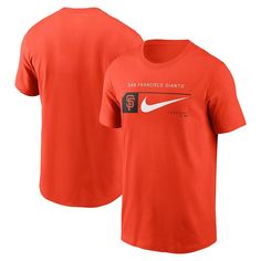 The Men's Nike Orange San Francisco Giants Team Swoosh Lockup T-shirt is the perfect way to show your support for the San Francisco Giants. Made from soft cotton, this T-shirt features a crew neck and screen-printed graphics that proudly display the Giants' iconic logo. Whether you're cheering from the stands or just hanging out at home, this T-shirt will let everyone know you're a true Giants fan.The Men's Nike Orange San Francisco Giants Team Swoosh Lockup T-shirt is the perfect way to show your support for the San Francisco Giants. Made from soft cotton, this T-shirt features a crew neck and screen-printed graphics that proudly display the Giants' iconic logo. Whether you're cheering from the stands or just hanging out at home, this T-shirt will let everyone know you're a true Giants fa Sports Fan T-shirt With Logo Print And Crew Neck, Sporty Crew Neck T-shirt With Letter Print, Nike Team Spirit T-shirt With Logo Print, Nike T-shirt With Team Spirit Logo Print, Crew Neck T-shirt For Sports Season, Cotton Moisture-wicking T-shirt For Baseball Season, Nike Sports Fan T-shirt With Logo Print, Crew T-shirt For Sports Events, Sports Season Crew Neck T-shirt With Logo