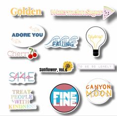 various stickers that say different things to be seen in the picture, including one light bulb