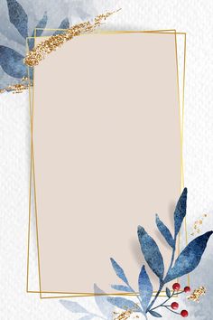 a blue and white background with gold trimmings, leaves and berries on it