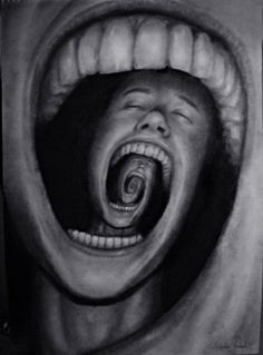 a black and white drawing of a man's face with his mouth open showing teeth