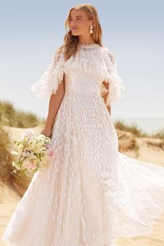 Sequin Dash Cape Ankle Gown – Champagne | Needle & Thread Ankle Length Gown, Ankle Length Wedding Dress, Needle And Thread Dresses, Beautiful Evening Gowns, Voluminous Sleeves, Princess Outfits, Needle Thread, Glitter Dress, Little White Dresses