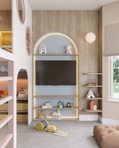 a child's playroom with toys and bookshelves in pastel colors