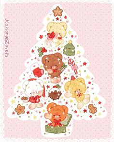 a christmas tree with teddy bears and other animals on it's side, in front of a pink polka dot background