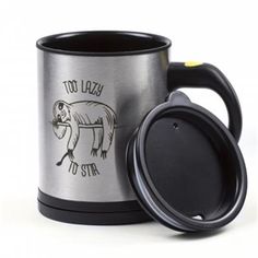 a stainless steel coffee mug with a black lid