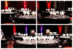 multiple shots of tables with white flowers on them and red drapes in the background