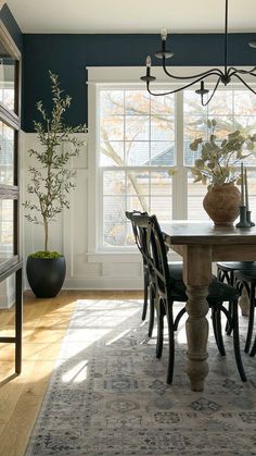 a dining room table with four chairs and a potted plant in the center on top of it