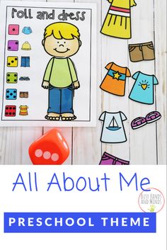 an all about me preschool theme with clothes on the table and a red dice next to it