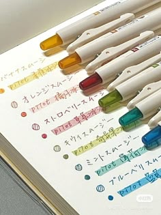 several pens are lined up on top of an open book