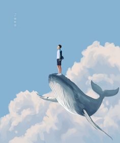 a man standing on top of a whale in the sky