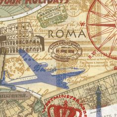 an old map with stamps on it and the word roma written in red, blue, and green