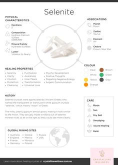 Experience the powerful positive energy of Selenite – a crystal that enhances your connection to higher realms and brings divine light into your physical being. Elevate your vibrations and embrace the captivating energy of this magical gemstone. Follow for more captivating crystal and gemstone meanings. Selenite Healing Properties, Selenite Crystal How To Use, Crystal Infographic, Selenite Crystal Meaning, Selenite Properties, Crystals Properties, Crystal Encyclopedia, Crystal Journal, Crystals Witchcraft