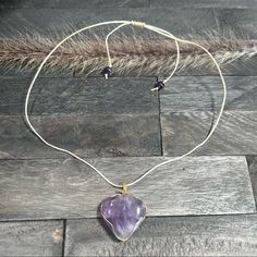 Beautiful Purple Amethyst Heart Pendant Necklace. This Beautiful Wire Wrapped Heart Necklace Is Handmade Using Gold Wire, 0.8 Mm Waxed Polyester Cord Waterproof! Amethyst Round Beads Finished With A Sliding Macram Knot. This Necklace Makes A Great Gift!! Length Is 24” Heart Shaped Amethyst For Jewelry Making, Heart-shaped Amethyst For Jewelry Making, Purple Double Heart Jewelry For Gifts, Purple Double Heart Jewelry Gift, Purple Amethyst Jewelry With Heart Charm, Purple Heart Pendant Necklace For Jewelry Making, Purple Double Heart Jewelry With Heart Charm, Purple Double Heart Charm Jewelry, Purple Amethyst Heart Necklaces