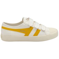 Buy Gola women's Coaster Strap sneaker in white/sun online at Gola Retro Low-top Sneakers With Rubber Sole, Retro Low-top Canvas Sneakers, Retro Yellow Sneakers With Vulcanized Sole, Retro White Canvas Shoes With Gum Sole, Vintage Yellow Sneakers With Gum Sole, Retro White Canvas Sneakers, White Retro Canvas Sneakers, Retro Round Toe Canvas Shoes For Sports, Retro Canvas Shoes With Round Toe For Sports