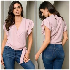 Add Some Style To Your Fave Jeans ! Tyche Gorgeous Top. Made Of Quality Lightweight Material. Flattering Surplice Neckline. Geminine Vintage Mauve Color. Adorable Short Bell Sleeves. Side Tie Detail. Pair With Your Fave Jeans For And Instant Chic Look ! These Are New With Out Tags Add Your Likes To A Bundle And Save Multiple Items Bundled Pay One Shipping Fee If You Like Free People Anthropologie Stitch Fix Vici Dolls Lulus Forever21 Zara H&M Altar'd State Nordstrom Macy's Hollister Abercrombie Chic Pink V-neck Blouse, Pink Fitted Flirty Top, Fitted Flirty Pink Top, Flirty Pink Short Sleeve Tops, Flirty Pink Tops For Spring, Flirty Pink Summer Blouse, Elegant Pink Stretch Top, Flirty Pink Stretch Tops, Flirty Pink Tops For Day Out