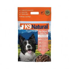 a bag of k9 natural dog food with a black and white dog next to it