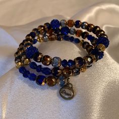 Absolutely Gorgeous And One Of A Kind Memory Bracelet With Glass Beading. Blue Bracelets With Gold Beads For Jewelry Making, Handmade Bracelets Tutorial, Memory Bracelet, Beaded Snowflakes Ornament, Michael Kors Bracelet, David Yurman Bracelet, Dragon Bracelet, Memorial Bracelet, Cubic Zirconia Bracelet