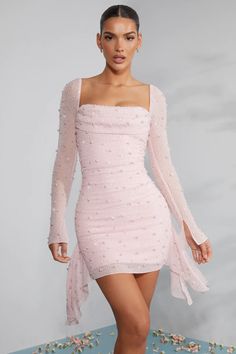 Tivoli Long Sleeve Embellished Cowl Neck Mini Dress in Blush | Oh Polly Drag Dresses, Pearl Skirt, Perfect Birthday Dress, Cowl Neck Mini Dress, Embellished Mini Dress, A Line Mini Skirt, Ruched Bodice, Mesh Sleeves, Birthday Dress