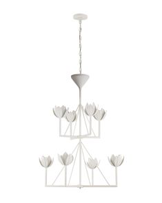 a white chandelier hanging from a chain with flowers in the center and four lights on each side