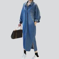 Introducing our 2023 Spring-Summer Collection ââ‚?Urban Denim Dress! This city-vibe essential features a light wash. long silhouette. and buttoned closure. making it the perfect blend of trendy and comfort. With its sleek slim fit. this dress will make you feel confident and stylish. Elevate your wardrobe and embrace the trend renaissance!Distinctive Features: Grunge-Inspired: This denim dress is inspired by the iconic Pre-millennium underground movement. exuding an effortlessly cool attitude. D Casual Solid Color Denim Dress, Casual Long Dress With Button Closure, Long Casual Dress With Button Closure, Trendy Button-up Denim Dress, Casual Washed Blue Denim Dress With Pockets, Trendy Relaxed-fit Denim Dress With Buttons, Trendy Relaxed Fit Denim Dress With Buttons, Casual Medium Wash Denim Dress With Pockets, Oversized Medium Wash Denim Dress With Pockets