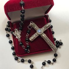 Each Cross Is Individually Handmade. The Pendants Are Crafted In .925 Sterling, And Embellished With A Selection Of Hand Polished Black Onyx Natural Gemstones. Cross Measures Approx. 2 3/4" X 1 3/4" ( You Can Design Your Own At My Website ) My Crosses Are Exclusively Designed And Modeled After The Stash Rosary So Famously Depicted In The Movie Cruel Intentions. The Sterling Silver Crosses Contain A Secret Compartment In The Bottom Portion Of The Pendant. When Opened, This Beauty Reveals A Master Cruel Intentions Necklace, Cross Necklace With Silver Beads For Gift, Elegant Silver Rosary As Gift, Elegant Sterling Silver Crucifix Rosary, Elegant Silver Crucifix Necklace, Elegant Sterling Silver Rosary With Cross, Elegant Silver Crucifix Rosary, Elegant Black Crucifix Jewelry, Sterling Silver Rosary With Silver Beads As Gift