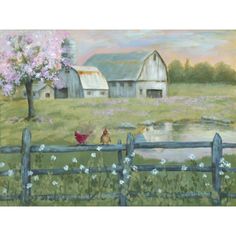 a painting of two chickens on a farm by a fence with barn in the background