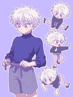 an anime character with blonde hair and blue eyes is standing in front of four different poses