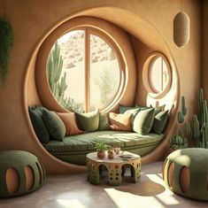 a living room filled with lots of green furniture and plants in front of a round window