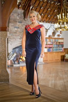 Our full-length navy velvet dress Isla is one of our most formal gowns and features a broad, deep pleated tartan neckline and a knee-height split at the front. Due to the delicacy of the tartan fabric, we recommend that garments should be dry cleaned only. Shoulder to hem: 134cm / 53in * * Can vary slightly. If you require a certain length please contact us to discuss. Elegant Plaid Dress For Party, Elegant Fitted Plaid Party Dress, Elegant Plaid Formal Dress, Elegant Fitted Plaid Dress, Formal Fitted Plaid Dress, Navy Velvet Dress, Tartan Fabric, Navy Velvet, Formal Gowns