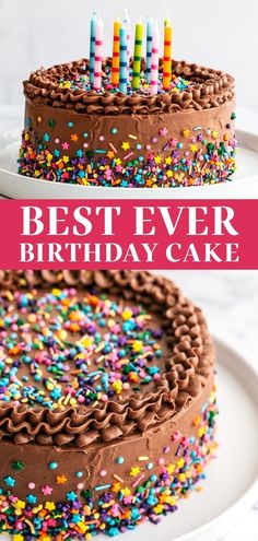 a birthday cake with chocolate frosting and sprinkles on the top that says best ever birthday cake