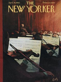 the new yorker magazine cover with violin and sheet music on it's desk