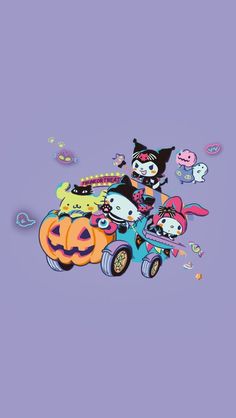 an image of cartoon characters on a car with pumpkins and other items around it