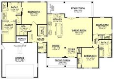 the first floor plan for a house with two master suites and an attached garage area