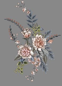 a bouquet of flowers with leaves and buds on a gray background in pastel colors