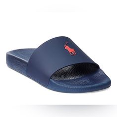 Open Round-Toe Slip-On Slide Sandal Ralph Lauren's Signature Pony At The Top Textured Outsole For Enhanced Traction Tpu Upper; Eva Footbed; Eva Outsole Blue Slides For Summer, Summer Blue Slippers With Rubber Sole, Blue Summer Slippers With Rubber Sole, Navy Cushioned Open Toe Slides, Navy Beach Slides With Cushioned Footbed, Navy Synthetic Slides For Beach, Navy Slip-on Slides For Summer, Navy Non-slip Sandals For Summer, Navy Cushioned Slides For Summer