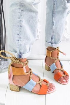 Rope Lace Up Color Block Sandals 5-Purple Pink Low Heels, Party High Heels, Rope Sandals, Strappy High Heels Sandals, High Sandals, Block Sandals, Womens Chunky Heels, Chic Shoes, Chunky Heels Sandals