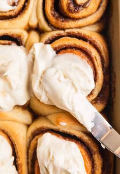 cinnamon rolls with cream cheese frosting in a baking pan, ready to be eaten