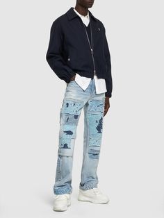 Front button and concealed zip closure. Belt loops. Front embroidered patches. Distressed and faded areas may vary. Five pockets. Model is wearing a size32 Straight Leg Bottoms With Patches For Fall, Fall Straight Leg Bottoms With Patches, Fall Season Straight Leg Bottoms With Patches, Cotton Straight Leg Bottoms With Patches, Urban Denim Bottoms With Patches, Straight Leg Bottoms With Patches For Streetwear, Patchwork Bandana, Patchwork Jeans, Carpenter Jeans