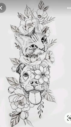 a drawing of a cat and dog with flowers on their heads, in black and white