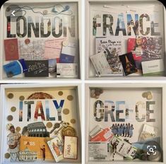 four white boxes with different types of travel related items in them and the words london, france, italy, crie