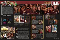 a brochure with pictures of people in maroon and gold