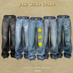 five jeans with smiley faces drawn on them are lined up in a row and the words y2k wide jeans